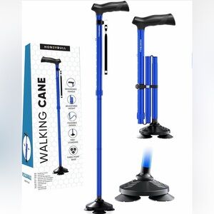 Honeybull Blue Adjustable, Foldable Pivot Base Walking Cane - New